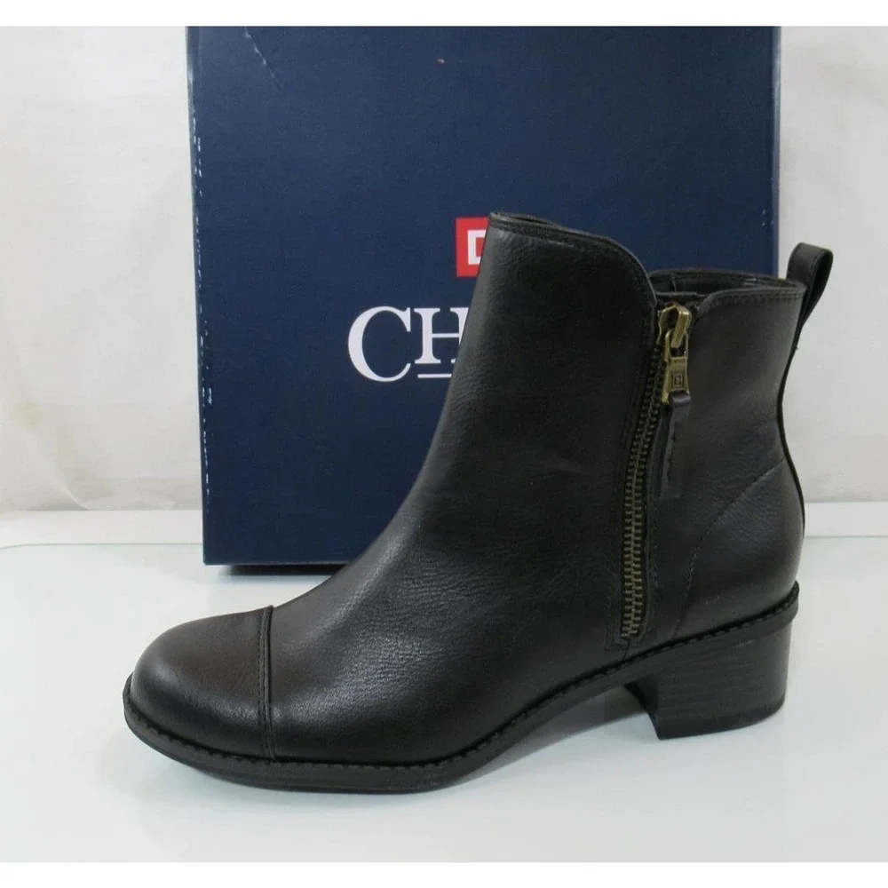 Women's Shoes Chaps PAGE Ankle Boots Booties Double Zip Round Toe Black Size 6 - Picture 2 of 6